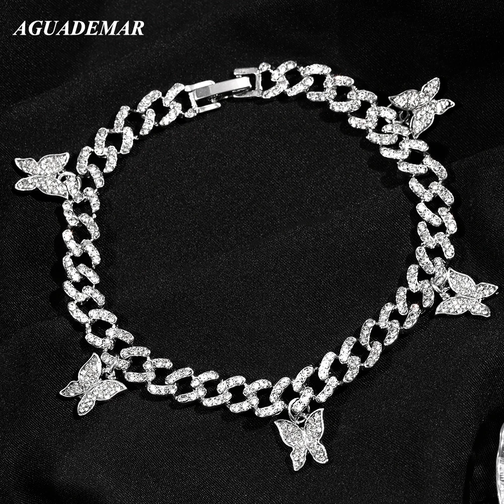 New Fashion Crystal Butterfly Anklet Bracelet For Women Iced Out Micro Rhinestones Paved Cuban Link Chain Anklets Punk Jewellery