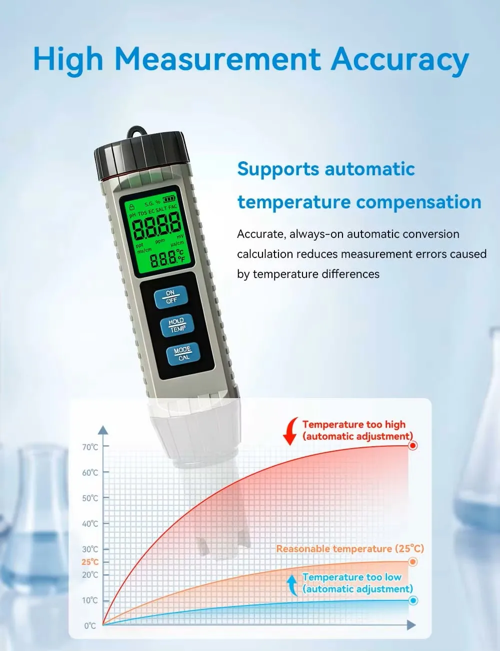 YAGO 8-in-1 Wasserqualitätstester pH TDS EC Salzgehalt ORP SG CL Temp Meter Digitaler Hintergrundbeleuchteter Pool Aquarium Wasseranalysator Detektor – Detail 2