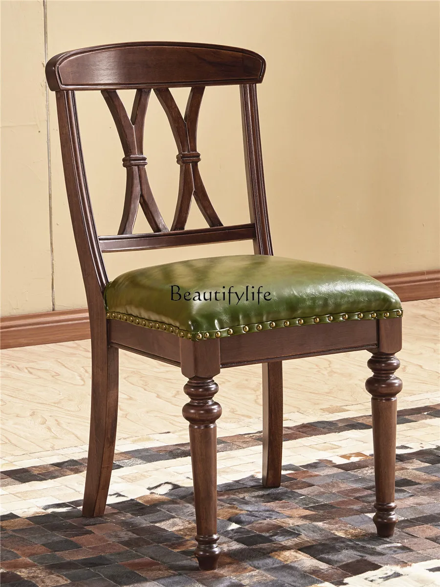 

American-Style Solid Wood Dining Chair Leisure Home European-Style Retro Dining Room Backrest Leather Chair