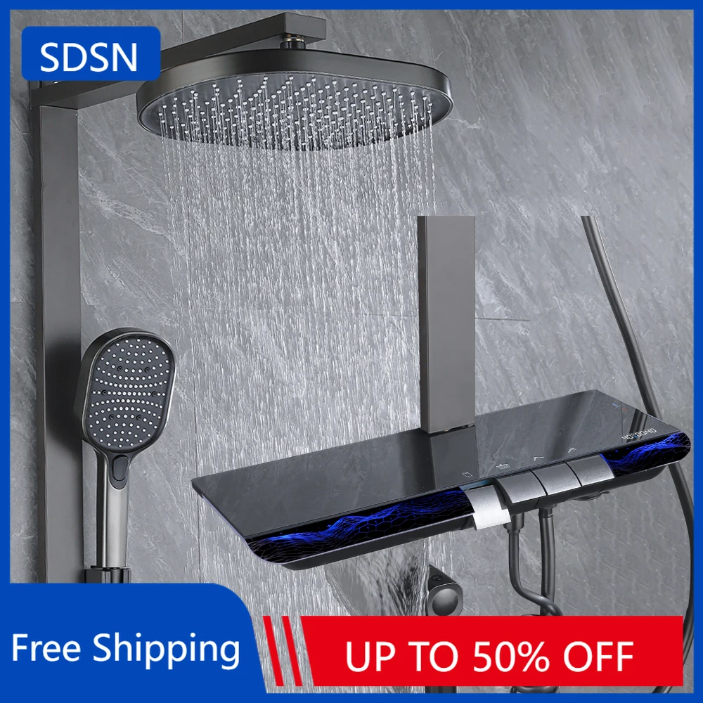 スパウエストスプレーデジタルバスルームシャワーセットアンビエント照明ホットコールドデジタルバスルームシャワーシステムレインフォールシャワーヘッド蛇口
