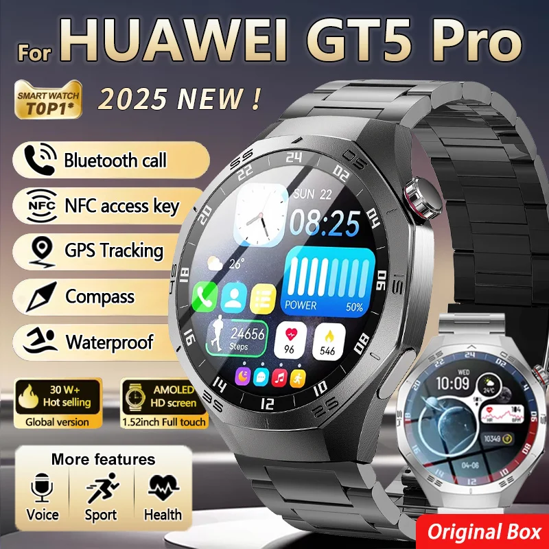 

Новые умные часы для Huawei Watch 5 Pro, мужские AMOLED, спортивные часы на открытом воздухе, NFC, GPS, компас, частота сердечных сокращений, IP68, водонепроницаемые часы с Bluetooth-вызовом