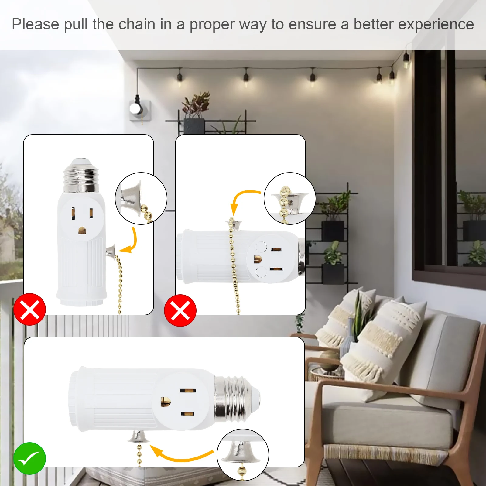 E26 Bulb Screw Socket Outlet Adapter Light Holder Splitter Base Lamp 3 Prong Light Socket to Plug Adapter with Pull Chain Switch