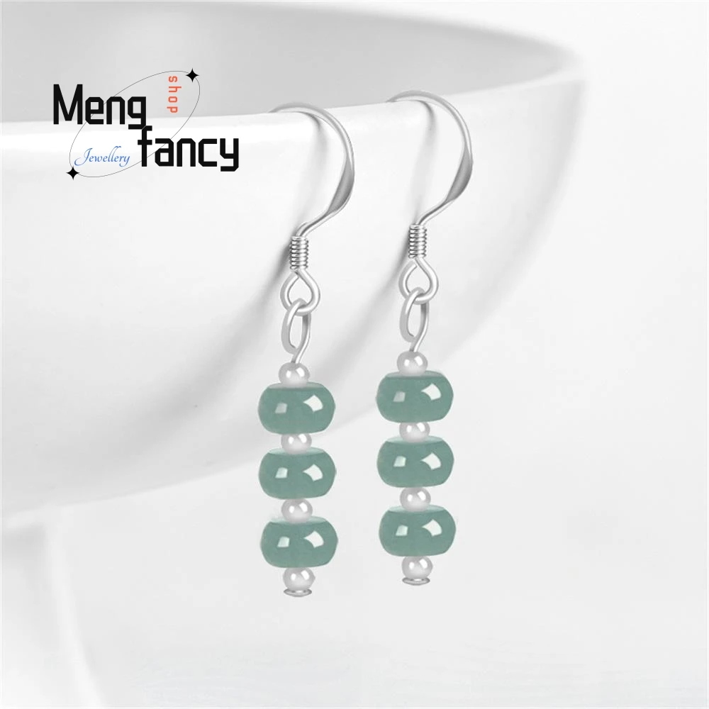 

S925 Silver Inlaid Natural A-goods Jadeite Blue Water Abacus Beads Ice Jade Earrings Exquisite Elegant Luxury Fashion Jewelry