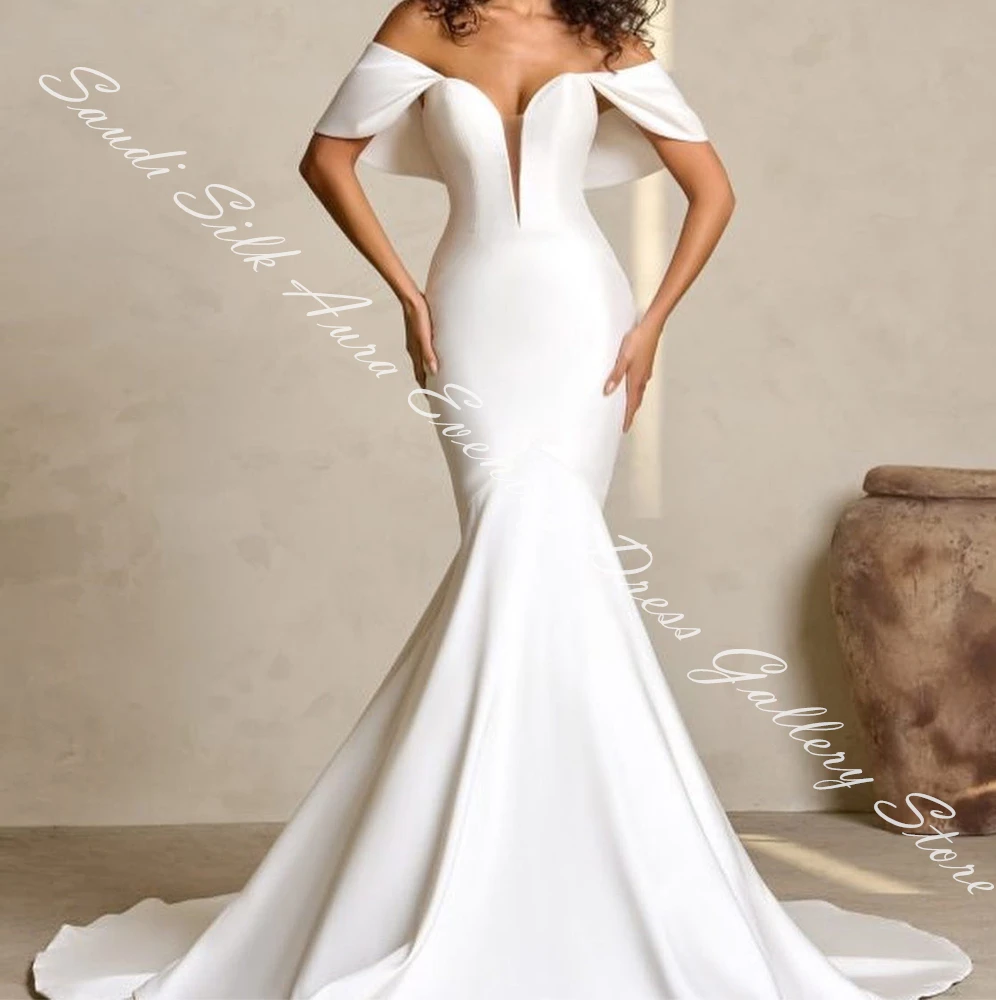 Sleeveless Off the Shoulder Satin V-Neck Floor Length Mermaid Evening Dress Sweep Train Buttons Temperament Photo Color Classic image 3