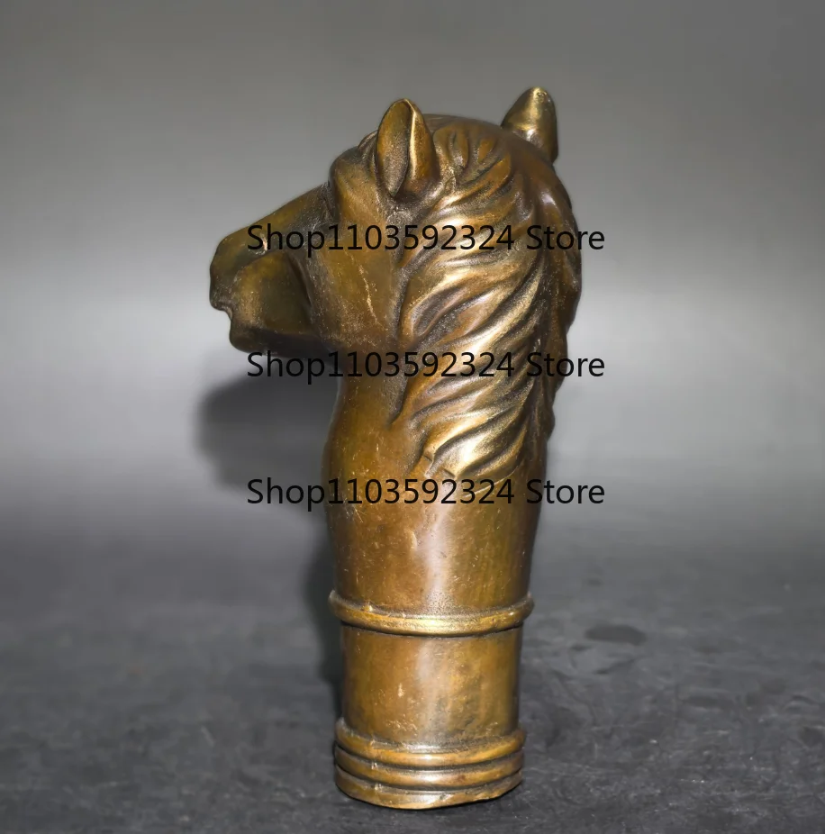 Size:13*7.5cm Chinese Old Bronze Hand Carved Chinese zodiac Horse Head Statues Antique Cane Walking Stick Head