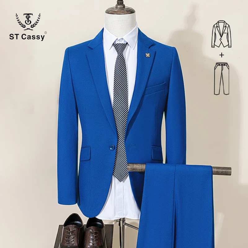 بدلة رجالية من ST Cassy باللون الأزرق الملكي بقصة ضيقة بلون واحد بدلة رسمية للأعمال والمكتب معطف واحد الصدر طقم مكون من قطعتين #1