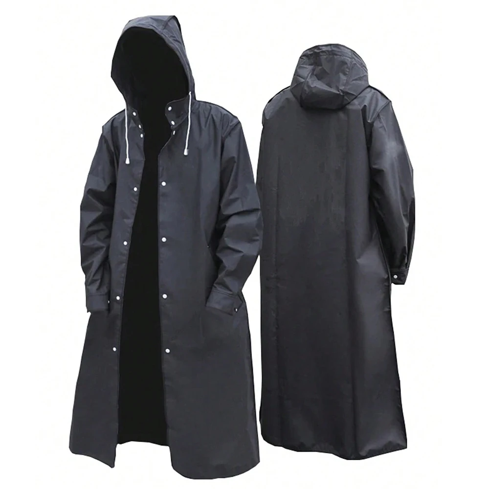 1pc Black Adult Hooded Long Raincoat Men Women Poncho Waterproof Jacket Impermeable Over Coat For Outdoor Hiking Travel Fishing