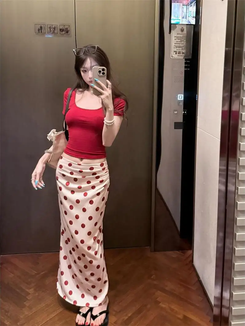 

Sexy Polka Dot Bum Covering Short Sleeve Two Piece Set for Young Women Summer Fashion High Waist round Neck Commute Style Cas...