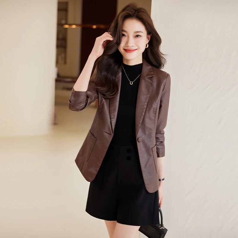 

High-end Fashion PU Leather Brown Women's Suit Jacket Autumn and Winter British-style Retro Coat Slim-fit Office Lady Suito Top