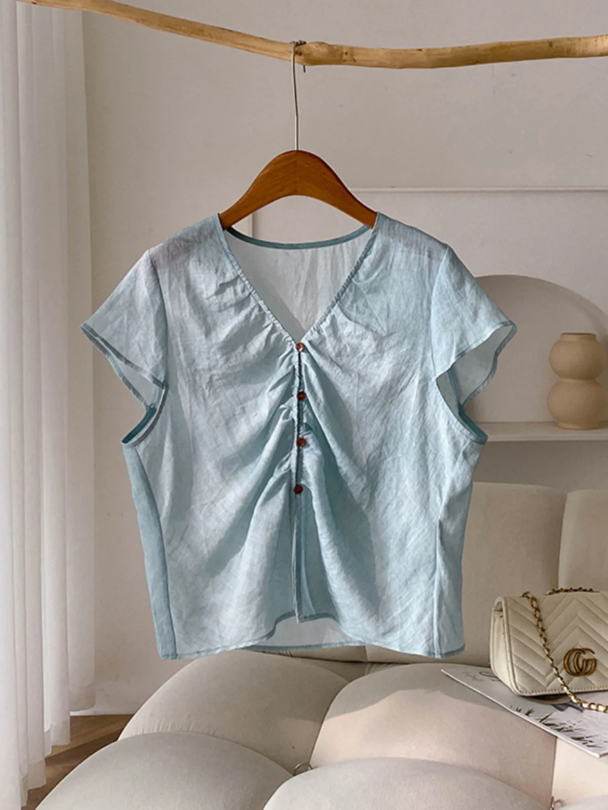 Retro donna irt estate sottile design casual senso pieghettato V-ne Fly Sve Top sciolto pendolarismo Sle ort Sve Button
