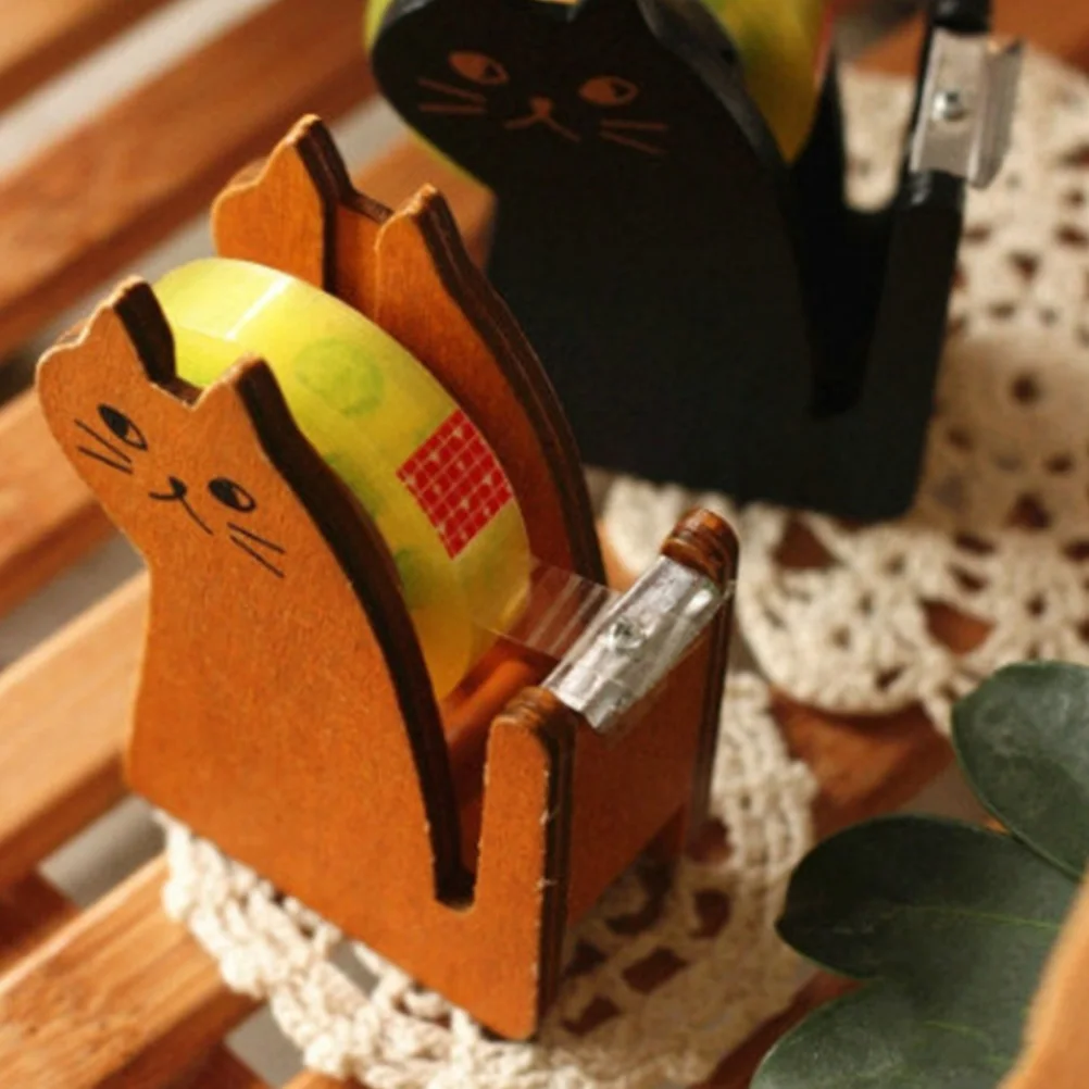 

Retro Wooden Tape Dispenser Vintage Holder Kawaii Cat Shaped Desk Cute Practical Kids Adorable Smooth Edge Round