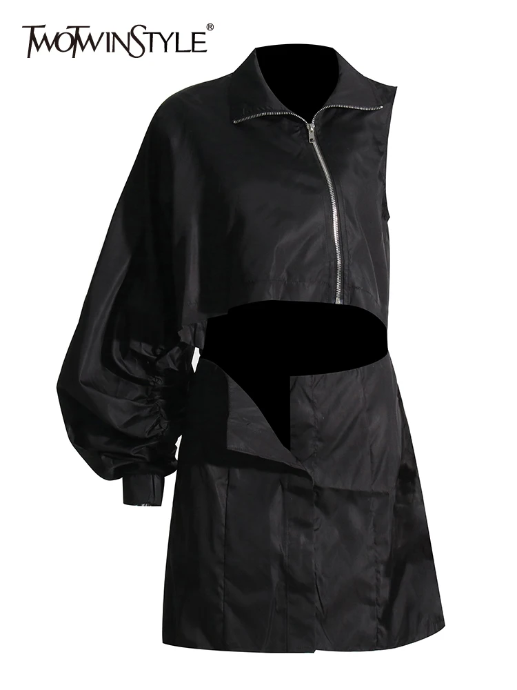 

TWOTWINSTYLE Hollow Out Solid Dresses For Women Turtleneck Long Sleeve Off Shoulder A Line Dress Female Summer Fashion Style New