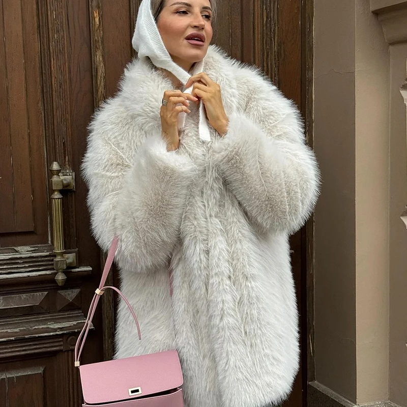 Lapels Faux Fur Coat Women 2026 Winter Brand Designer Fluffy Fox Fur Jacket Luxury Furry Overcoats Girl Stylish Long Outerwea