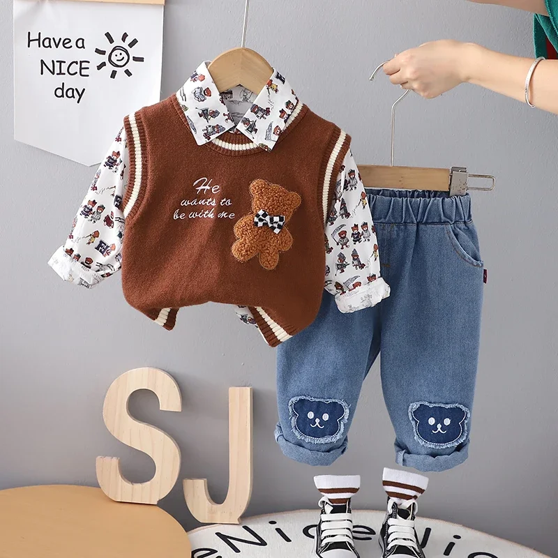 New Fashion Autumn Children Boys Girls Clothes Kids Sweater Vest Jacket Strips T-shirt Pants 3Pcs/Sets Kids Clothing Tracksuits