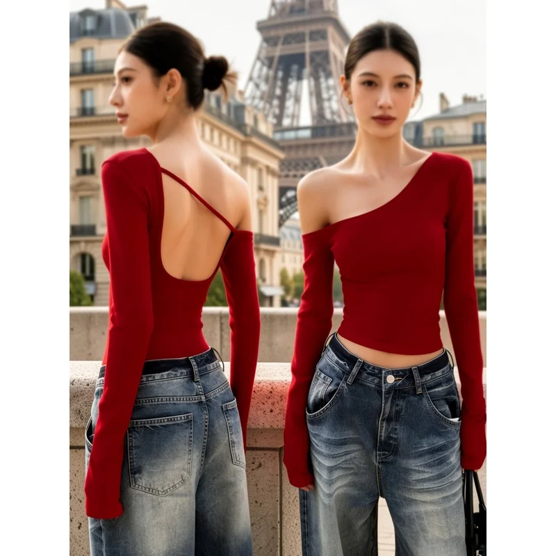 Vintage Red Off-Shoulder Women'S Fashion Street Long Sleeve Backless-Shirt Top Only