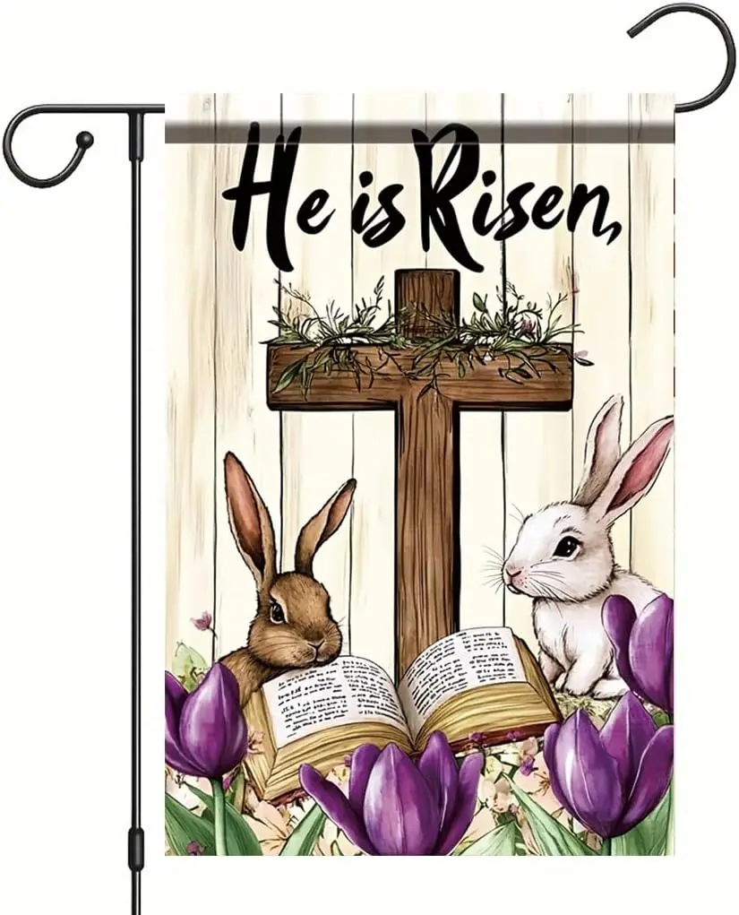 He Is Risen Garden Flag 12x18 Inch Double Sided Easter Cross Bible Bunny Tulip Yard Flag Religious Christian Outdoor Porch L zzo