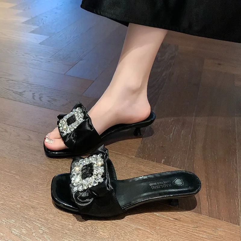 

Slides, Women’s Stylish Embellished Mid - heel Slides with Diamond like Buckles – Fashionable and Comfortable Footwear for Var