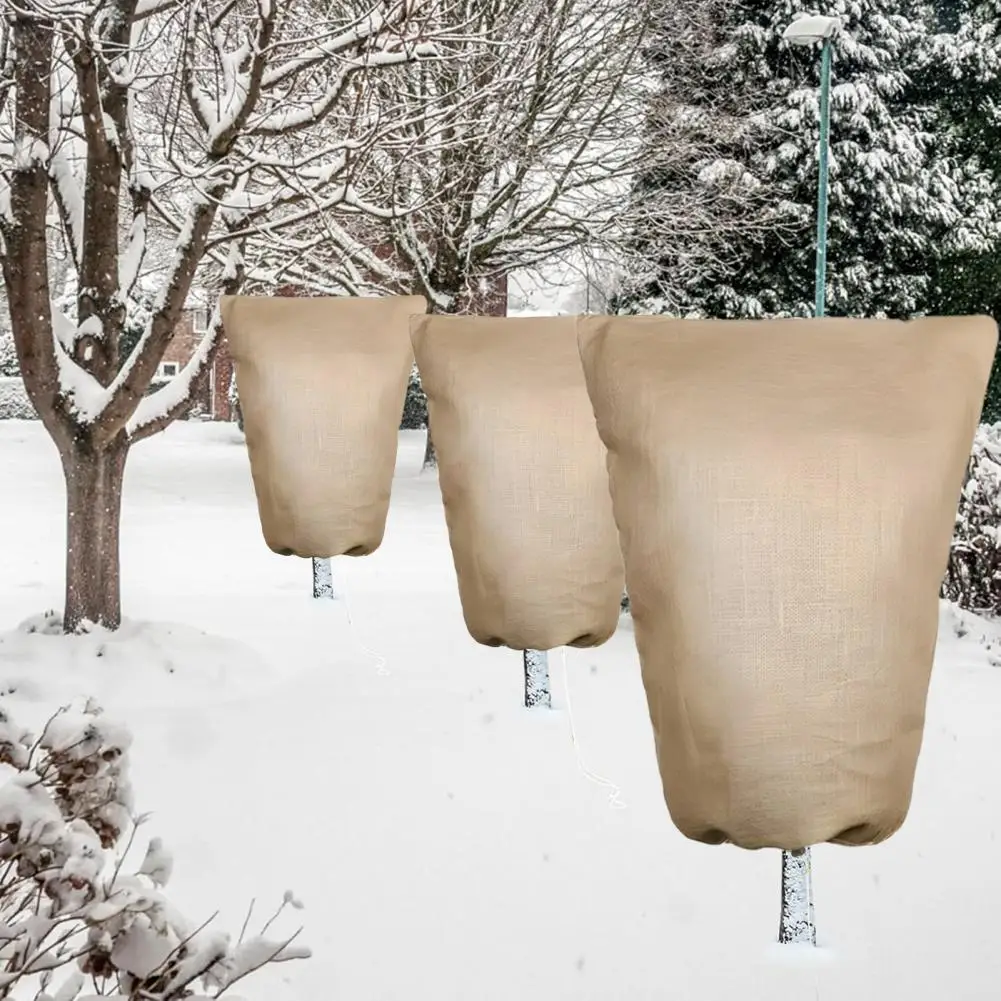 Jute Cloth Plant Cover Drawstring Freeze Frost Blanket with Zipper Winter Cold Proof Shield for Plants Shrubs Trees