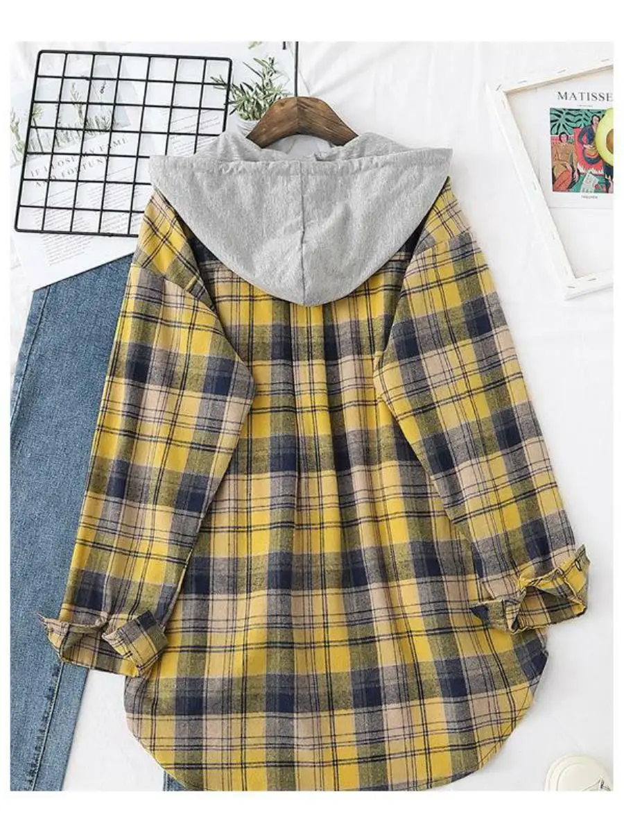 

Женская хлопковая куртка в клетку в стиле ретро, свободного кроя, с капюшоном, защита от УФ-излучения, для учащихся средней школы, весна-осень