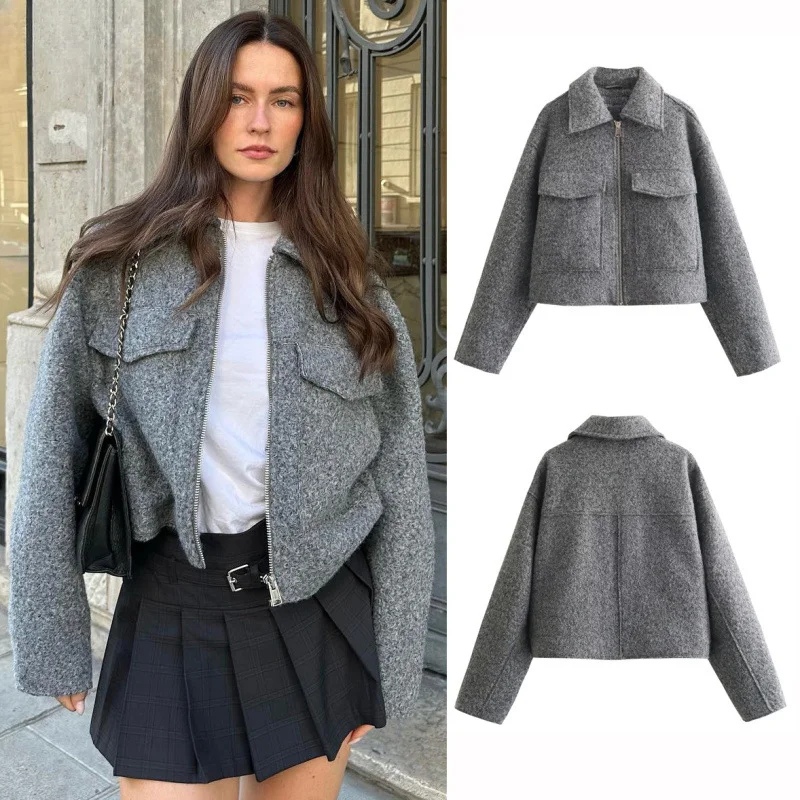 

2024 Spring Winter New Women's Fashion Short Loose Casual Large Pocket Woolen Coat