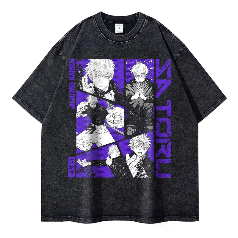 Anime Jujutsu Kaisen T Shirts Oversized Vintage Washed Gojo SatoruT-shirt Streetwear Manga Zenin Maki Short Sleeve Tops Tees Men