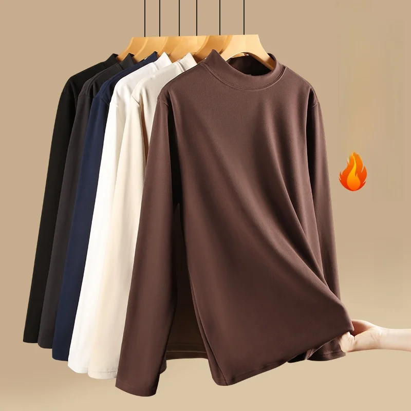 

Men's And Women's 280g Half High Collar Velvet Long Sleeve Base Shirt Double Sided Brushed Slim Fit T-Shirt for Daily Wear