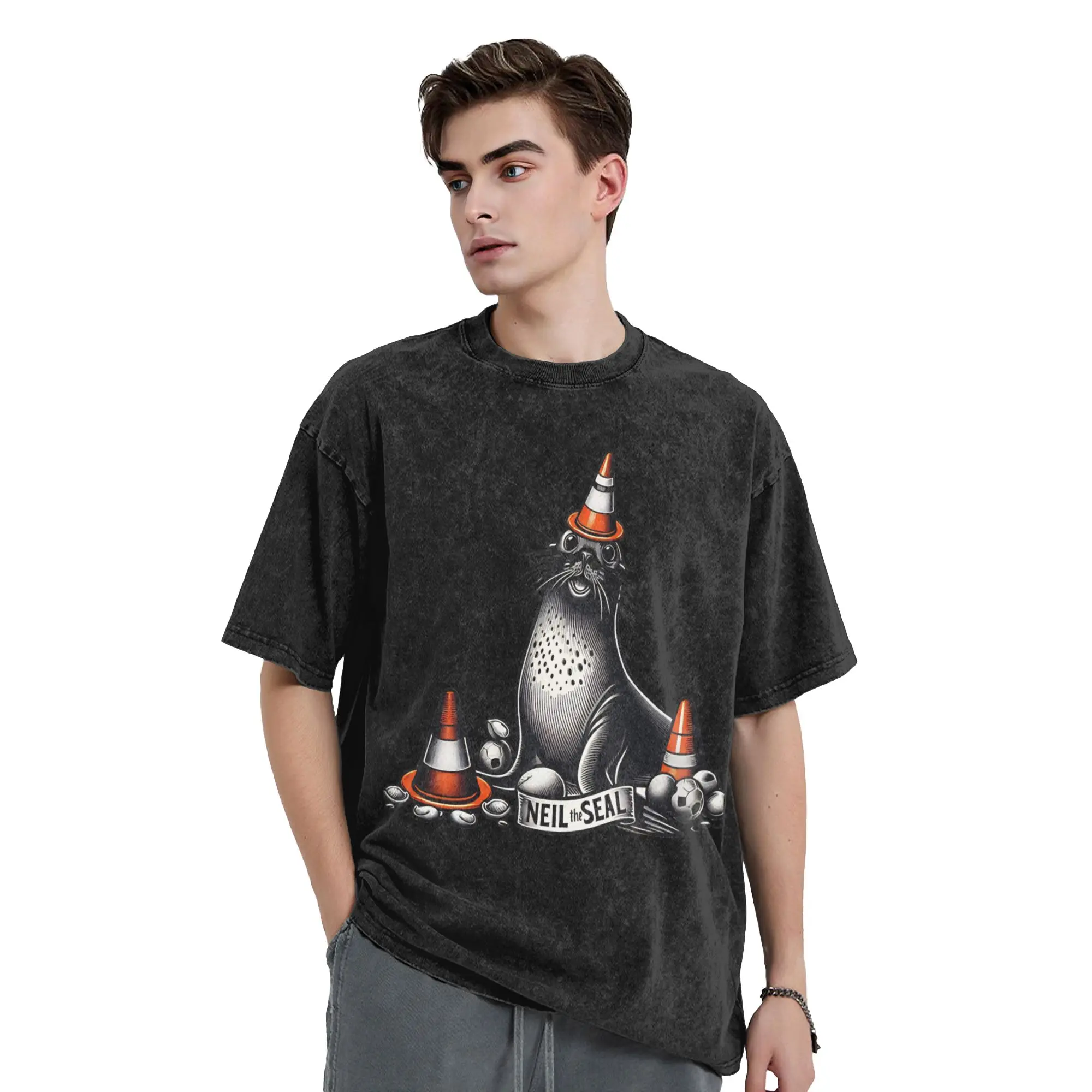 Washed T Shirt Neil The Seal Beach Hip Hop T-Shirt Harajuku  Streetwear Short Sleeve Graphic Printed Tops Tee Shirt Men Women