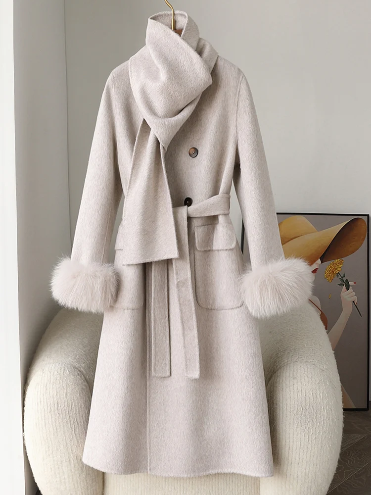 Veste d'hiver en laine de cachemire pour femme, manteau de manchette en fourrure de renard naturel véritable, vêtements d'extérieur pour femme, veste de luxe pour femme, nouveau