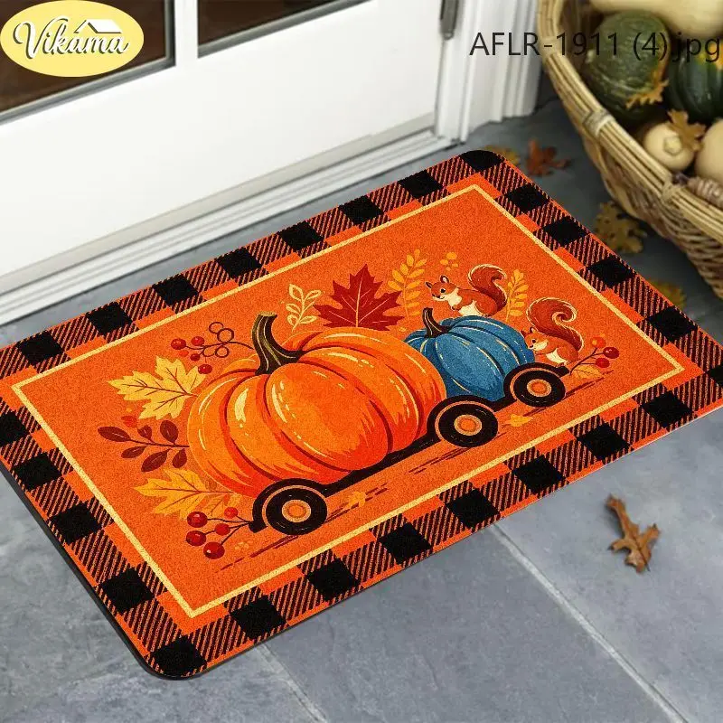 VIKAMA Fall Door Mat Orange Buffalo Plaid Pumpkin Wagon Squirrel Maple Leaf Welcome Rug Entryway Floor Mat Holiday Decor