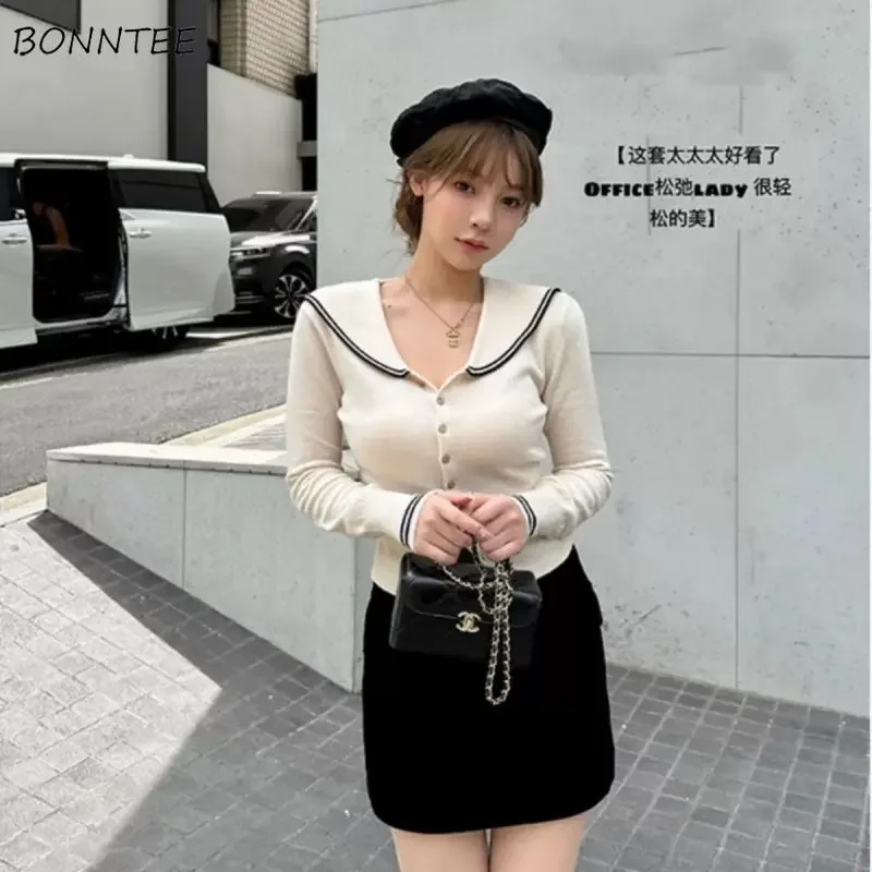 Cardigan Women Streetwear Contrast Color Button-up Elegant Female Fashion Slim Knitted Basic Tops All-match Temper Ulzzang Daily