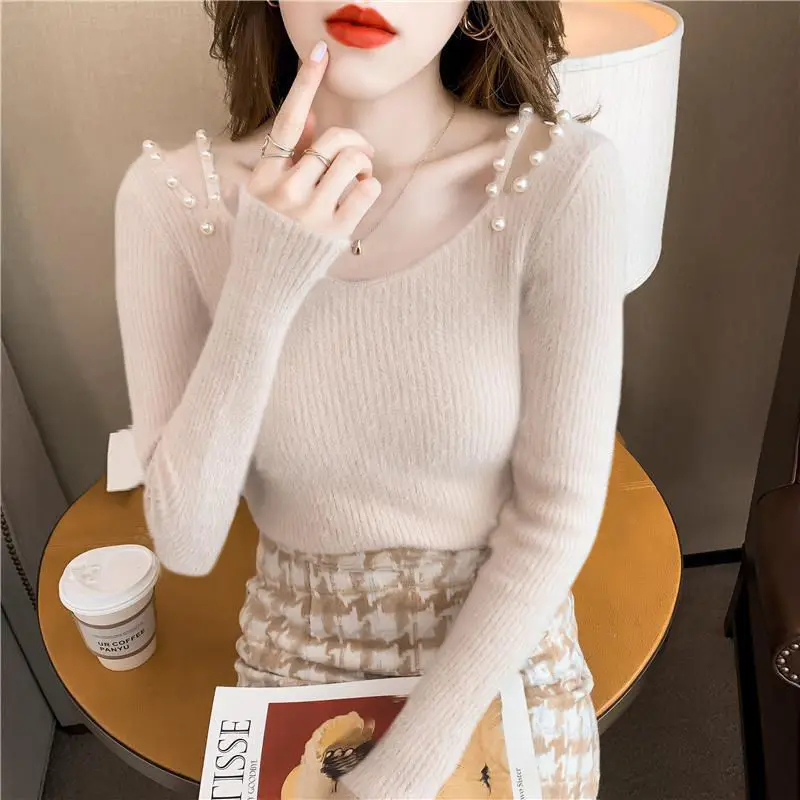 V-neck Sweater Women's Top New Stylish Nail Bead Hollow Out Off Shoulder Knit Sweater Base Shirt