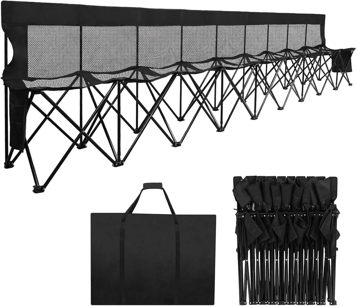 Folding Team Bench for Soccer Events - Black, Portable, 9 Seats, Mesh Seat and Back with Bag, Breathable