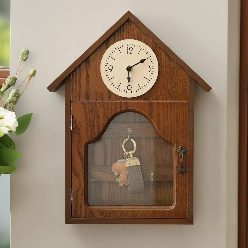 

Vintage Wooden Clock Key Holder with Wall Mirror Silcent Wall Clock with Hanging Key Bags Hanger Living Room Home Decoration