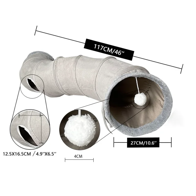 Cat Tunnel for Indoor Cats Collapsible Cat Toys Play Tube S Shape Cat Tunnel Grey Pet Crinkle Tunnels with Ball