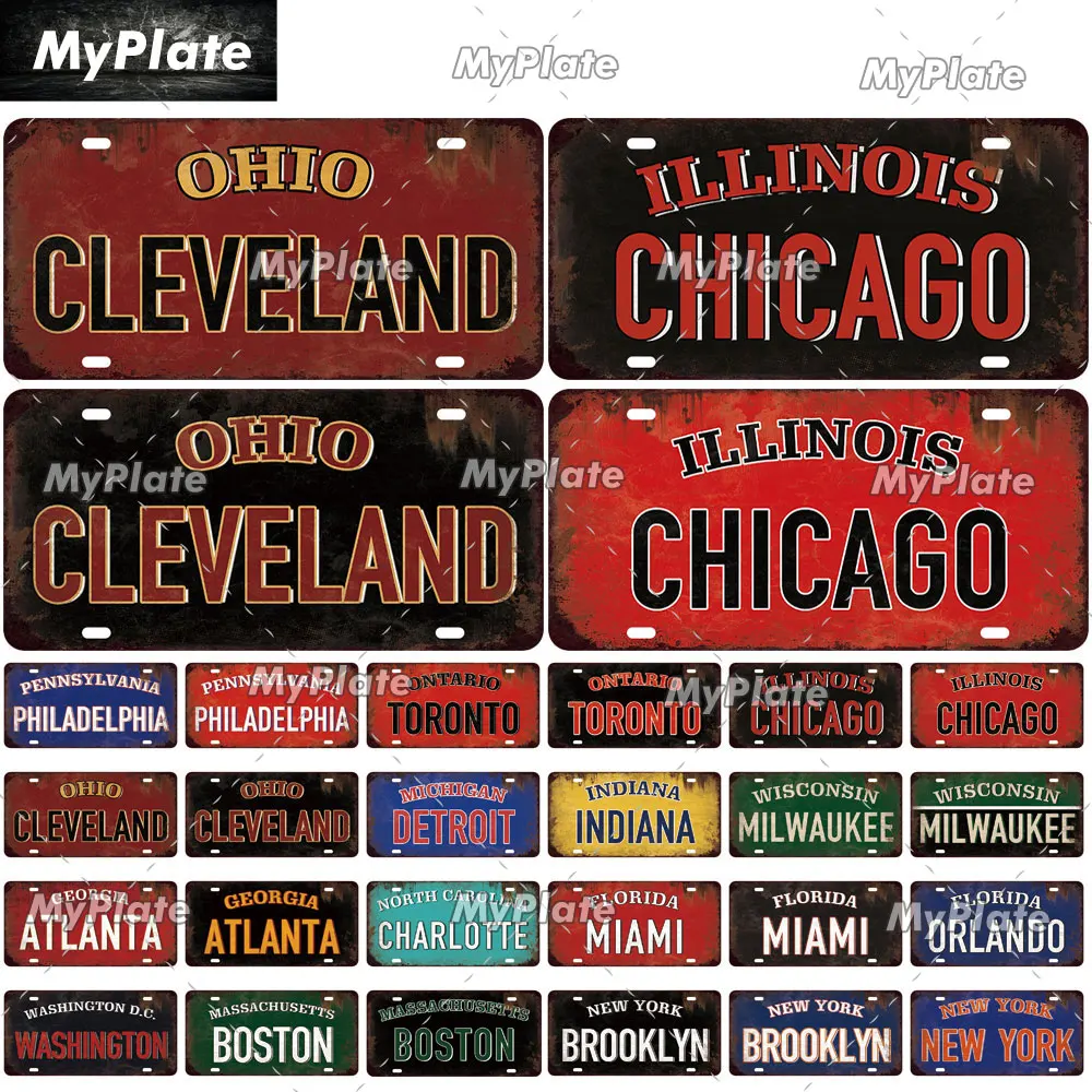 MyPlate USA East City CHICAGO 15x30cm Plate Metal Sign Tin Sign Vintage Decor Room Decor Metal Plaque Man Cave Bar Sign Poster