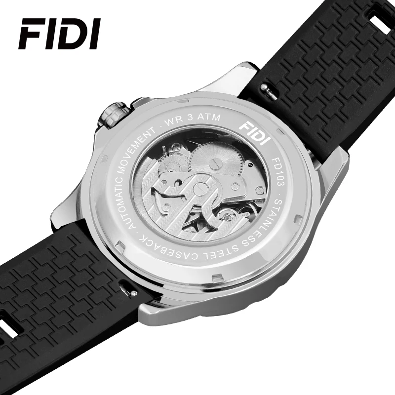 FIDI Luxury Watch Men Fashion Hollow Dial Automatic Mens Watch Mechanical Watches Silicone Men Waterproof Male Wristwatch FD103