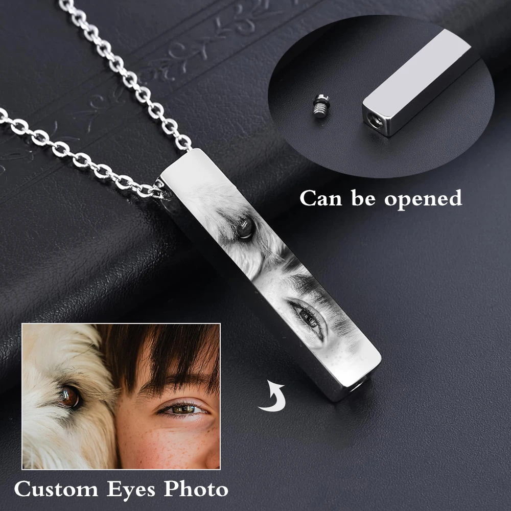 Personalized Custom Eyes Vertical Bar Pendant Necklace Stainless Steel Cremation Jewelry Necklace for Ashes Memorial Keepsake