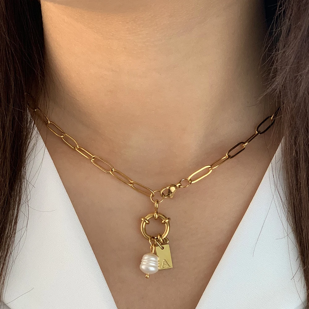

Golden Choker Necklace for Women Spring Buckle Chain Freshwater Pearl Initial Letter Pendants Women's Stainless Steel Jewelry