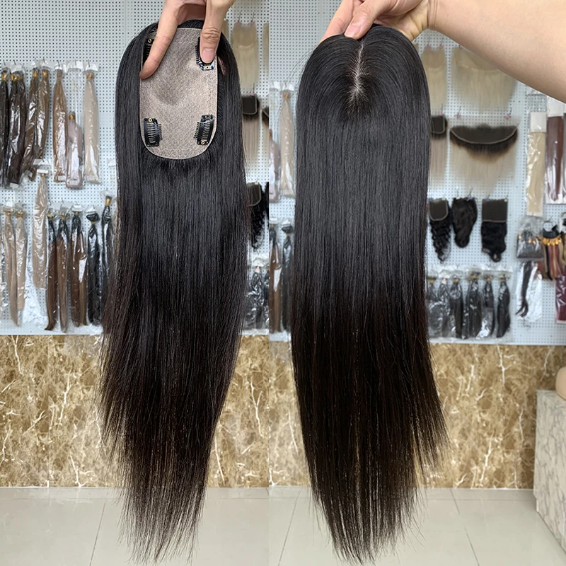 

Luxury Thinning Hair Replacement Natural Black 14 Inch Light Density Clip In Raw Straight Human Hair Women Topper Silk Base