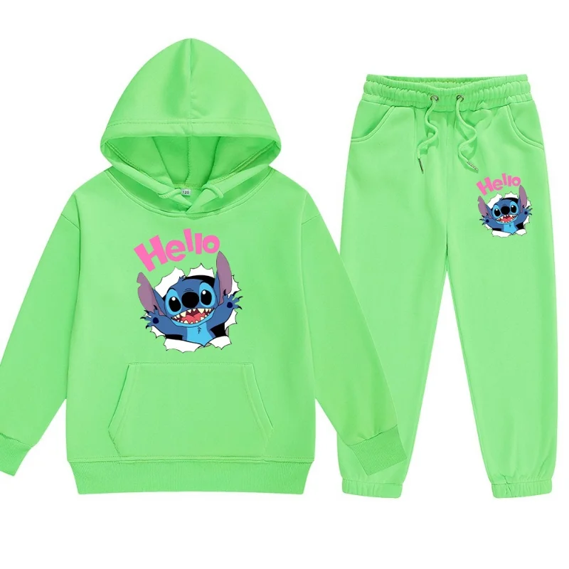 Cartoon Disney Stitch pajamas winter cotton plush hooded trousers sweater casual two-piece set women's pajamas loungewear