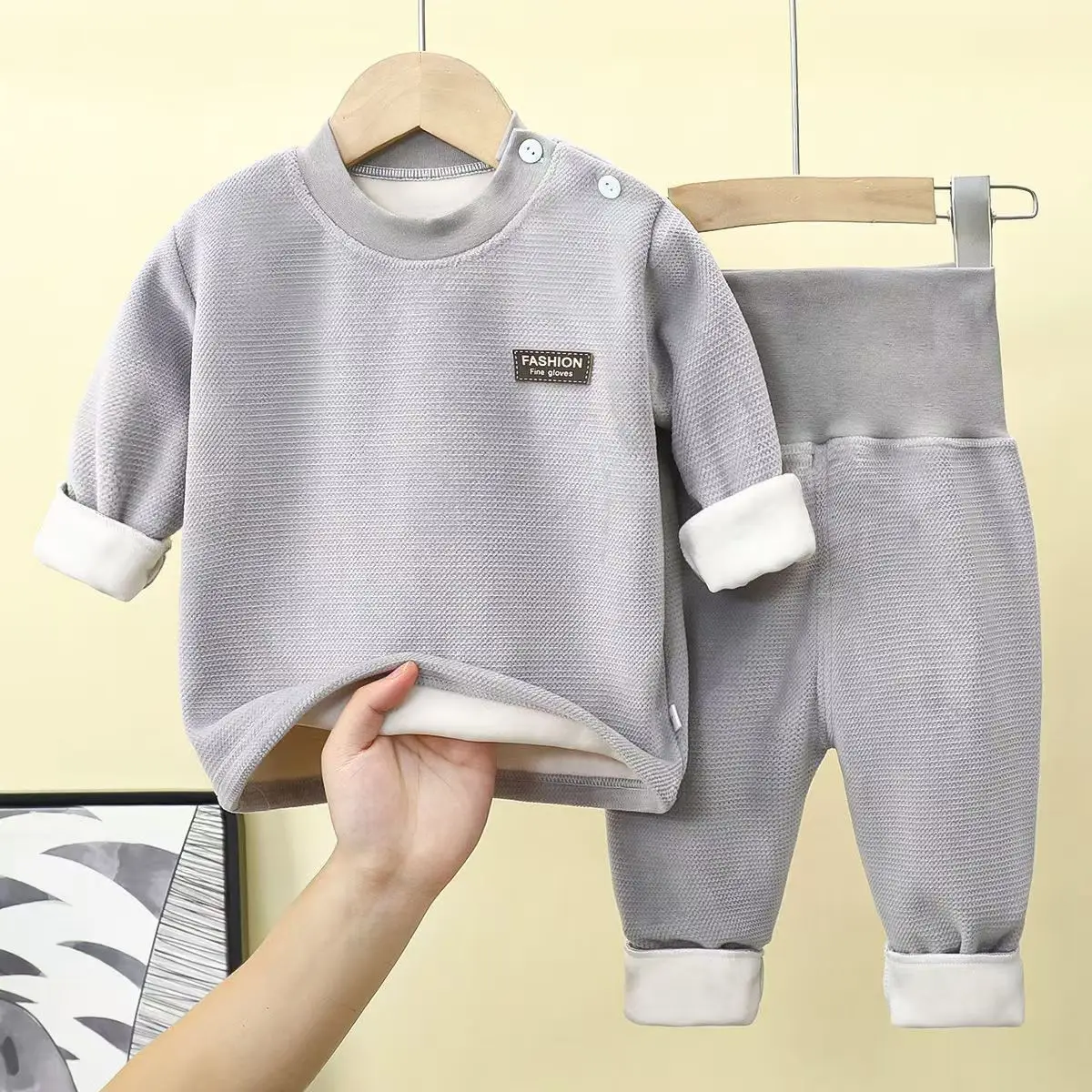 Herbst Winter Baby Plüsch Fleece Verdickte Thermo-unterwäsche Sets 0-4Y Kind Junge Mädchen Hohe Taille Warme Homewear Top und Hosen Outfit – Detail 2