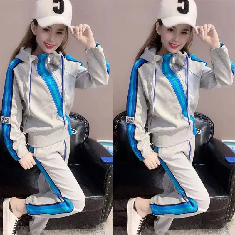 Spring and Autumn Top Hoodie Set Women's New Diagonal Zipper Coat Loose Bunched Feet Casual Pants Fashion Sports Women's Wear