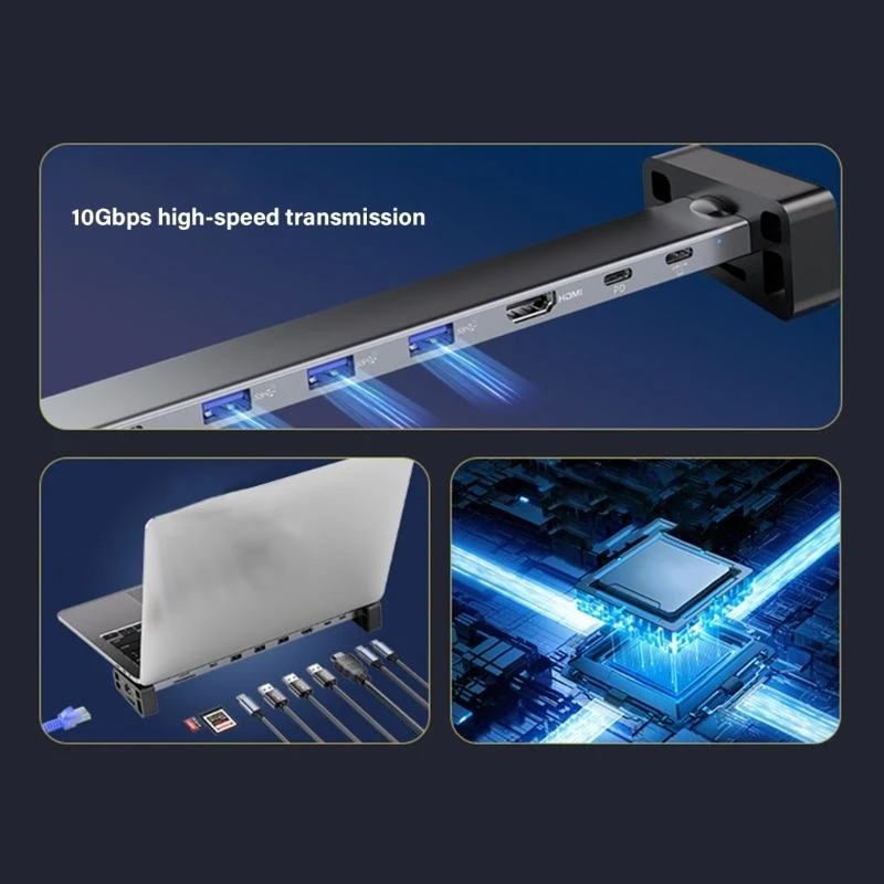31BA USB C HUB 9 Station Port Docking Station 10GBPS كفاءة مع نقل الفيديو 4K60Hz و PD100W شحن 1000M RJ45 Ethernet