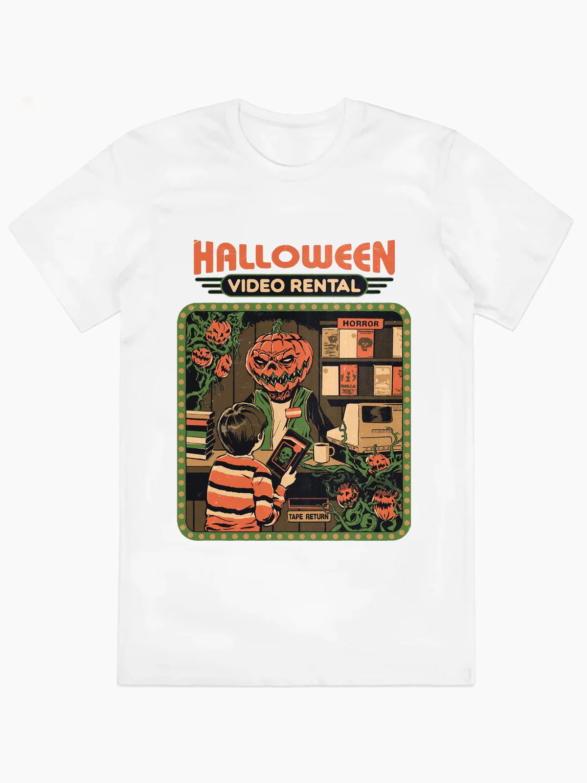 Gothic Print Loose T-Shirt Men's Halloween Video Rental Print Short-Sleeved Women Crew Neck American Style Clothing Multi Color