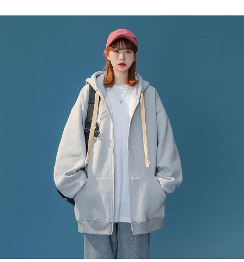 Autumn Winter Fleece Sweatshirt Hooded Cardigan Jacket Solid Oversized Hoodies Women Zipper Coat Sportswear Y2k Clothes Korean