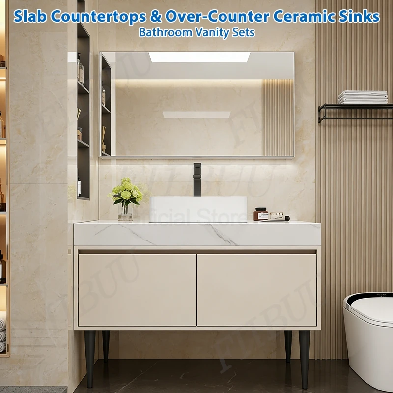 

Современная тумба для ванной с интегрированной керамической раковиной, настенное умное зеркало, водонепроницаемый роскошный шкаф, аксессуары для ванной комнаты