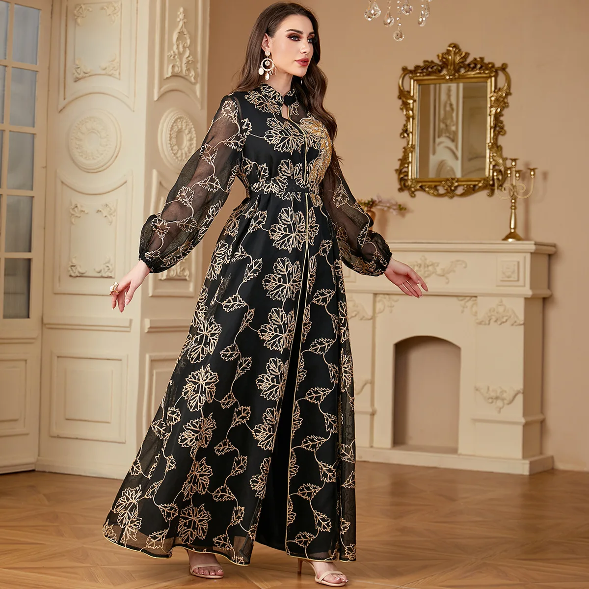 Vestido Maxi Bordado Muçulmano para Mulheres, Dubai Abaya, Turquia Kaftan, Eid Djellaba, Islam Jalabiya Marocain, 2Pcs Set