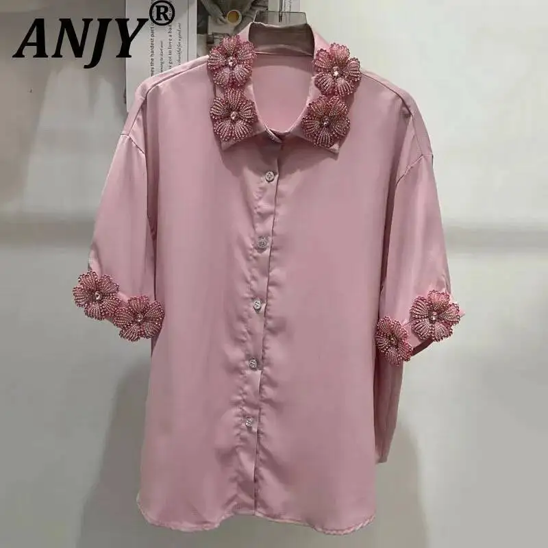 

ANJY Spring Summer New Women European Style Niche Heavy Floral Decoration Design Short Sleeve Shirt Trendy Stylish Blouse A23758