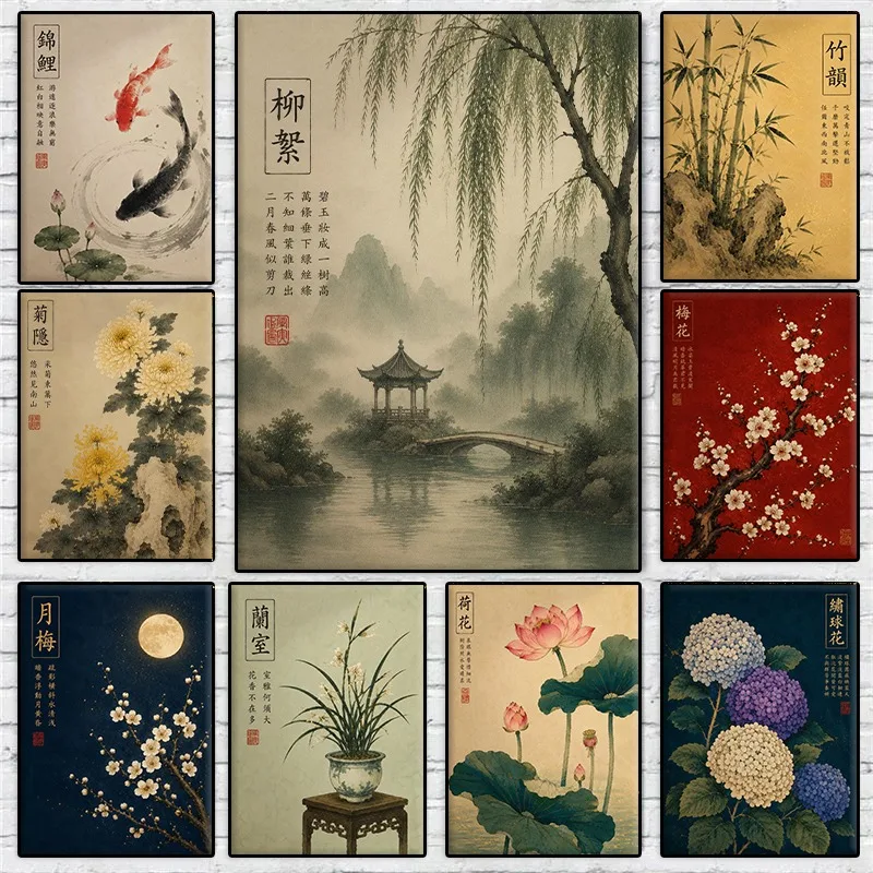 Vintage Japanese Botanical Poster Oriental Floral Ukiyo-e Maple Peony Orchid Lotus Canvas Painting Wall Art for Room Home Decor