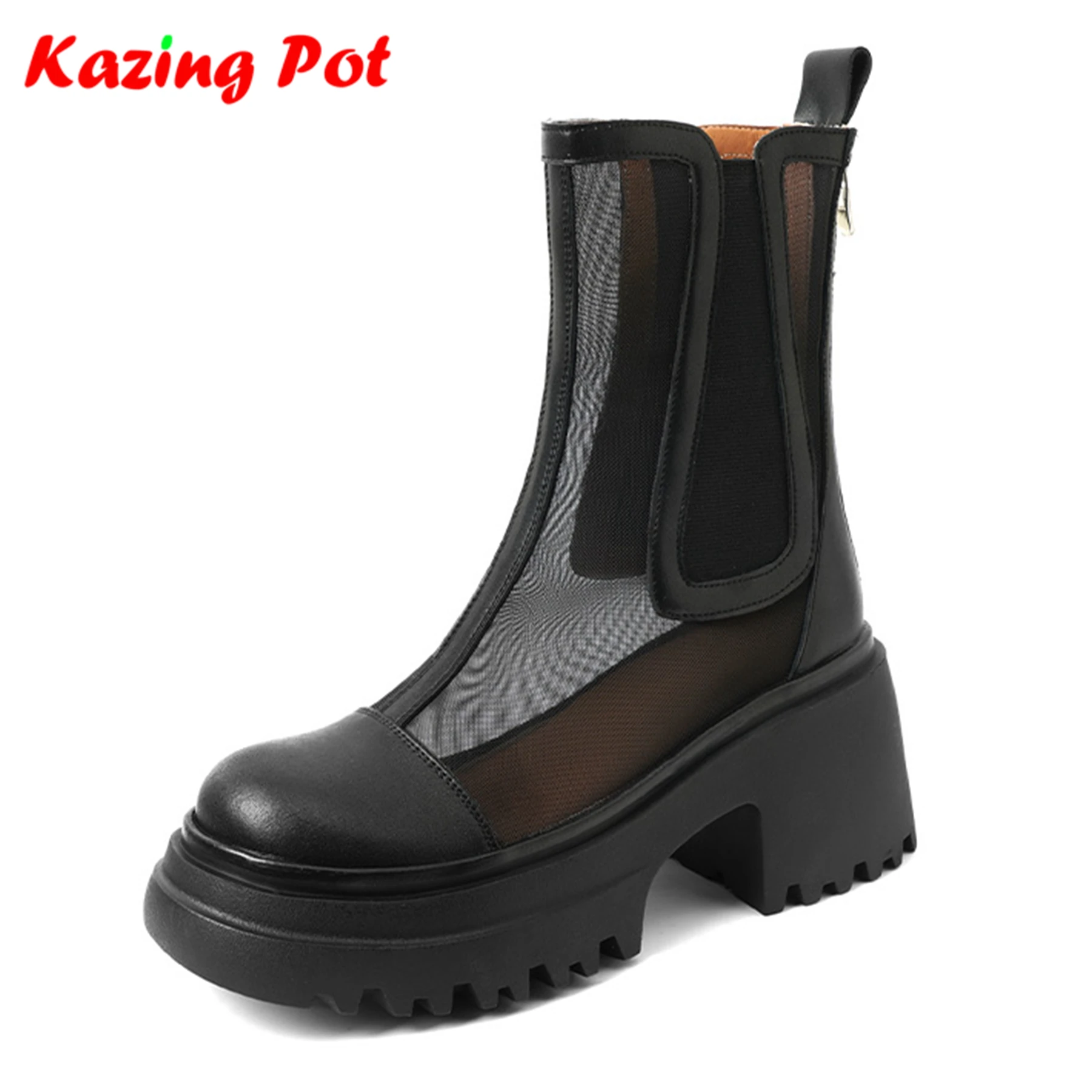 Krazing Pot 2024 Cow Leather Air Mesh Round Toe Thick High Heel Platform Summer Boots Sun Protection Fashion Mature Ankle Boots